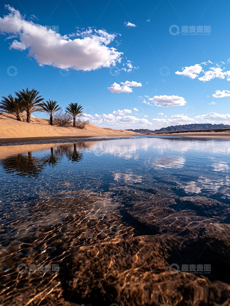 高清大图下载【趣麦麦图】沙漠中的绿洲与蓝天白云
