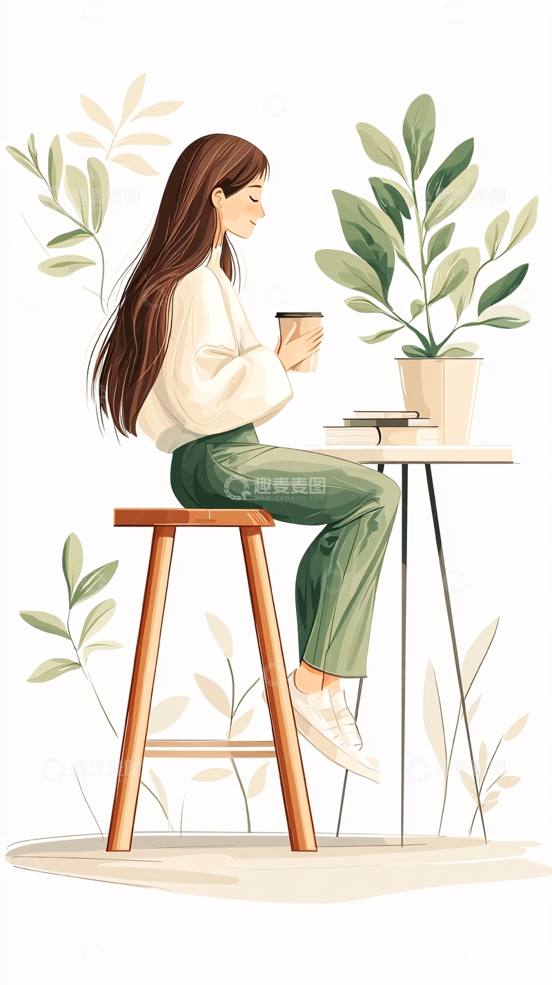 高清大图下载【趣麦麦图】宁静时光：一杯咖啡与绿植相伴