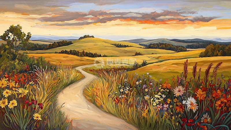 高清大图下载【趣麦麦图】秋日田野小径风景画