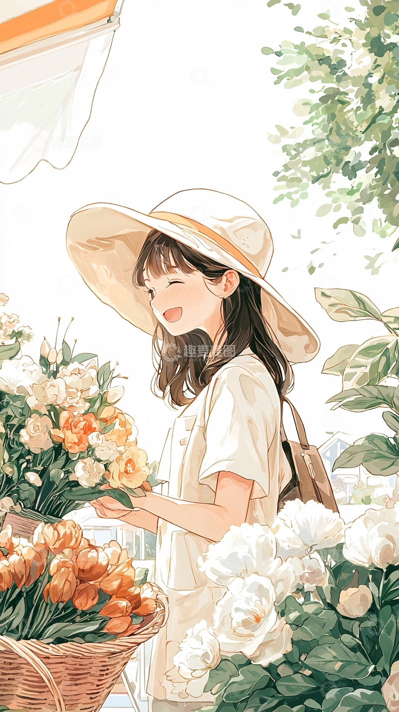 高清大图下载【趣麦麦图】夏日花市中的微笑女孩