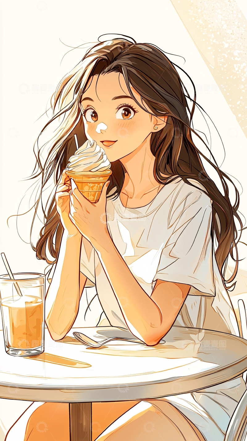 高清大图下载【趣麦麦图】女孩吃冰淇淋的温馨场景