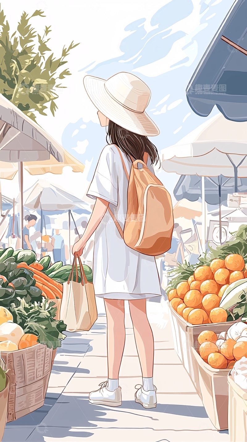 夏日市场购物女孩