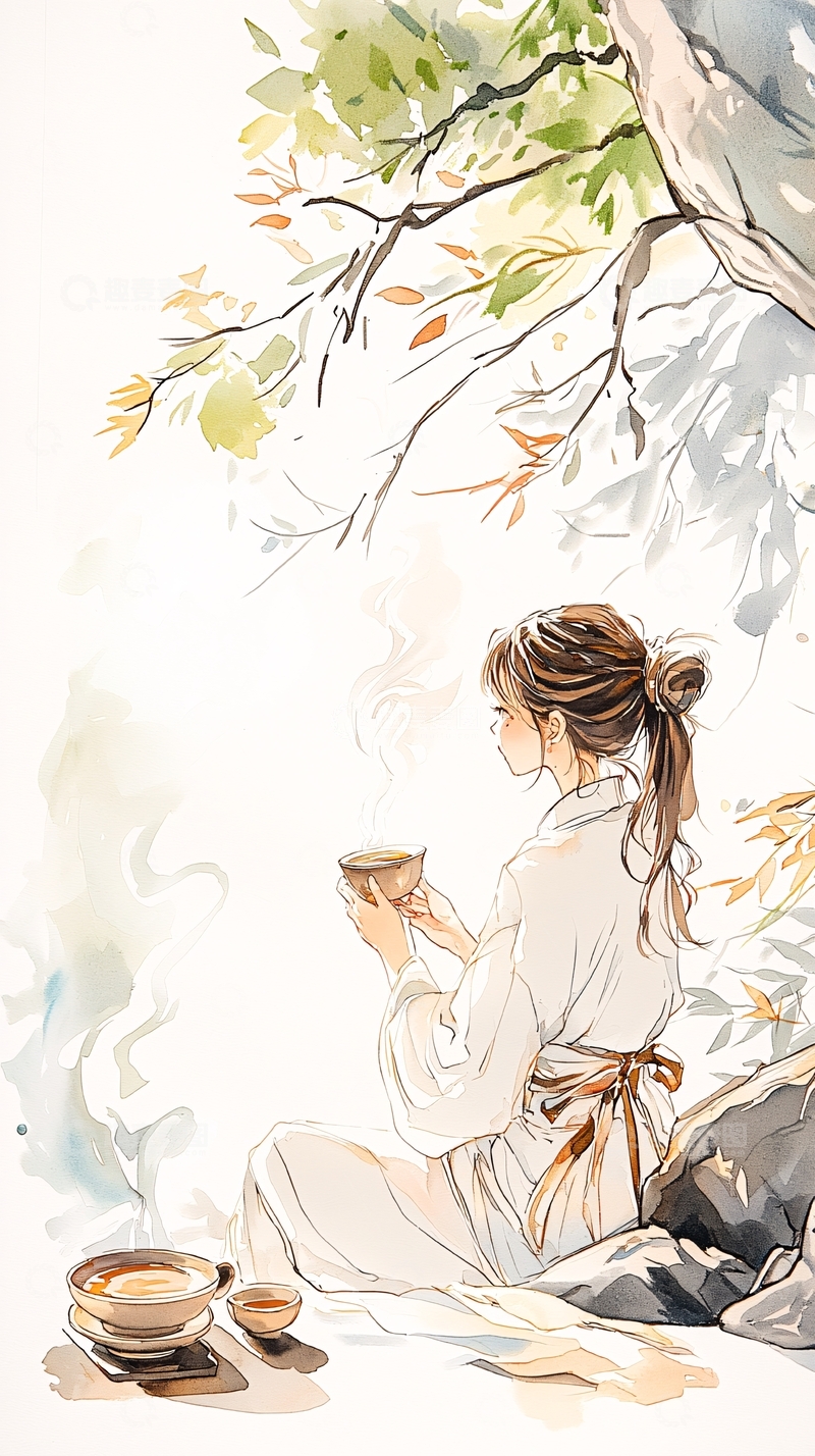 高清大图下载【趣麦麦图】秋日树下品茶图