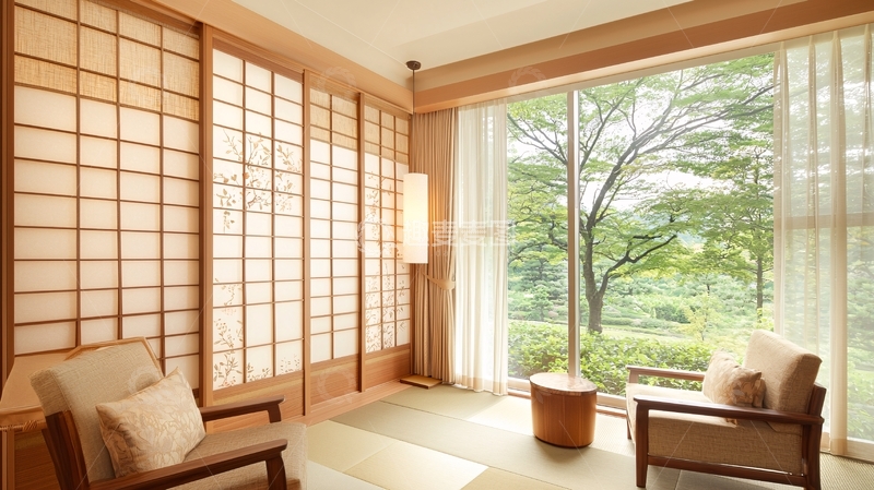 高清大图下载【趣麦麦图】日式榻榻米房间与自然景观