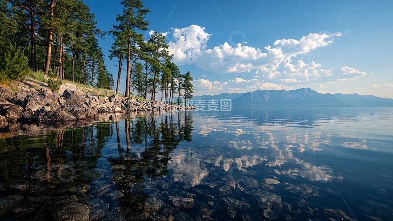 高清大图下载【趣麦麦图】湖畔松林与山景