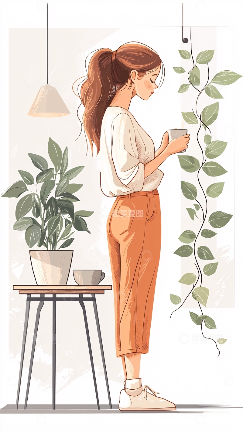 高清大图下载【趣麦麦图】室内植物与咖啡的温馨时光