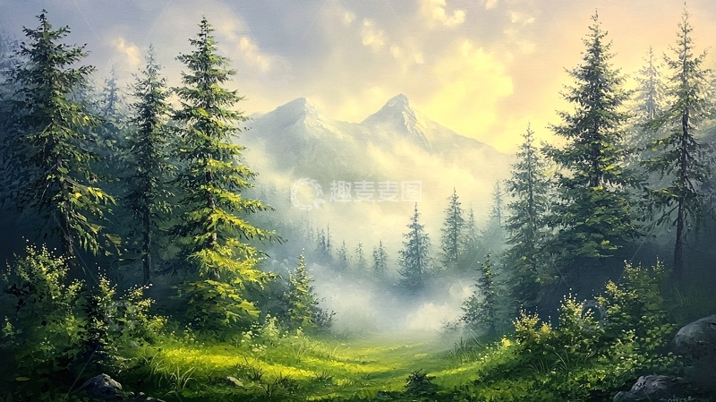 高清大图下载【趣麦麦图】晨雾中的森林与雪山