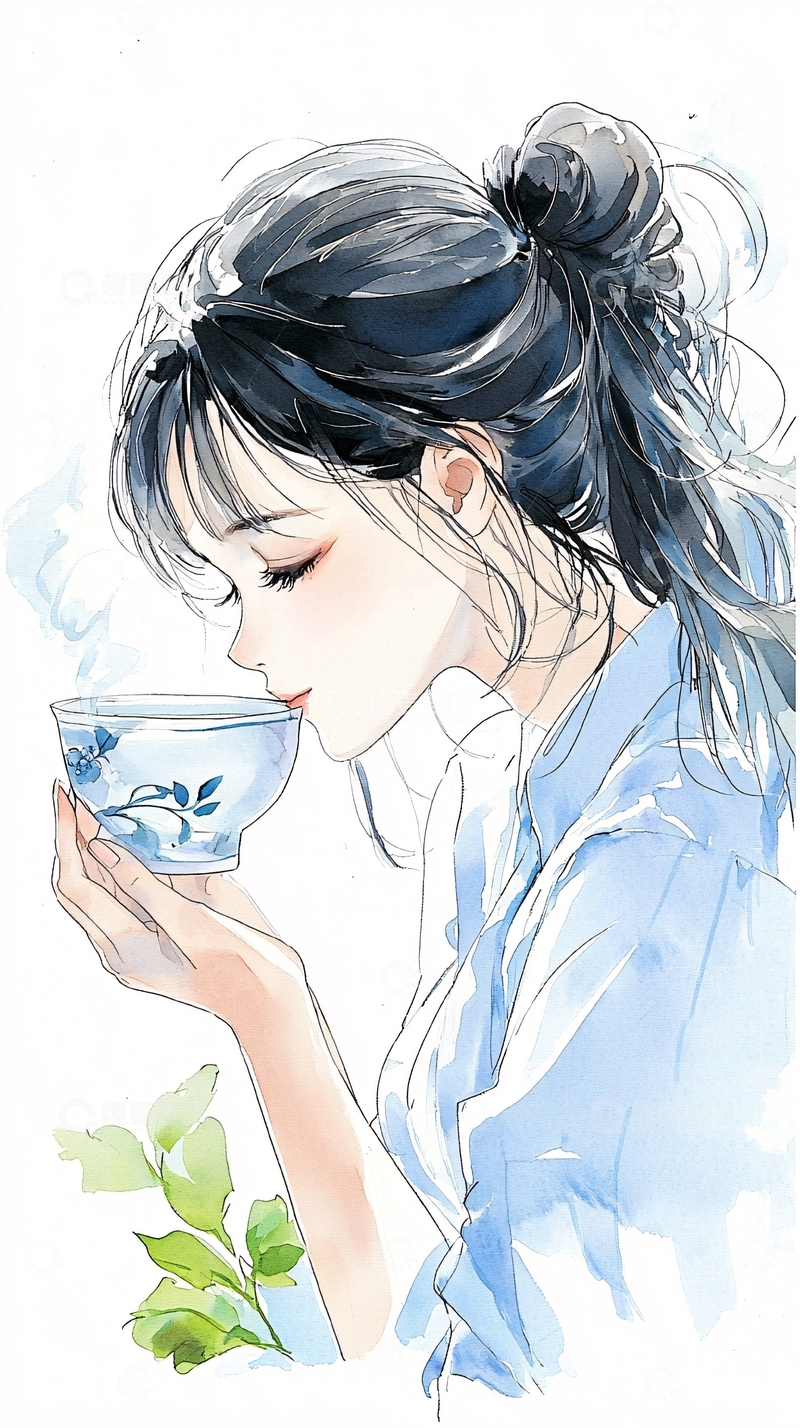高清大图下载【趣麦麦图】茶香女子水彩插画