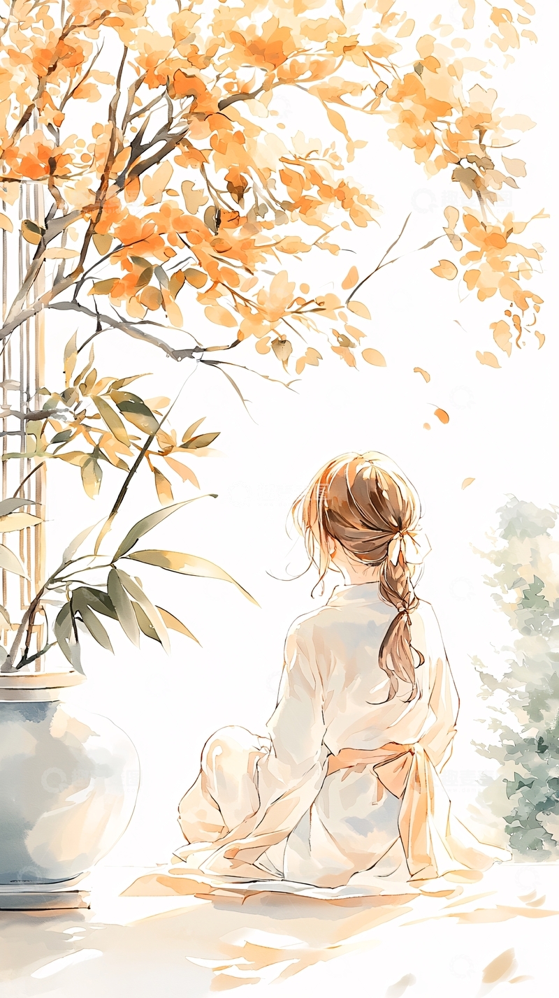 高清大图下载【趣麦麦图】秋日树下静坐的女孩