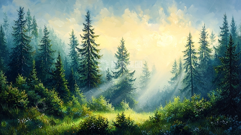 高清大图下载【趣麦麦图】晨雾中的松树林
