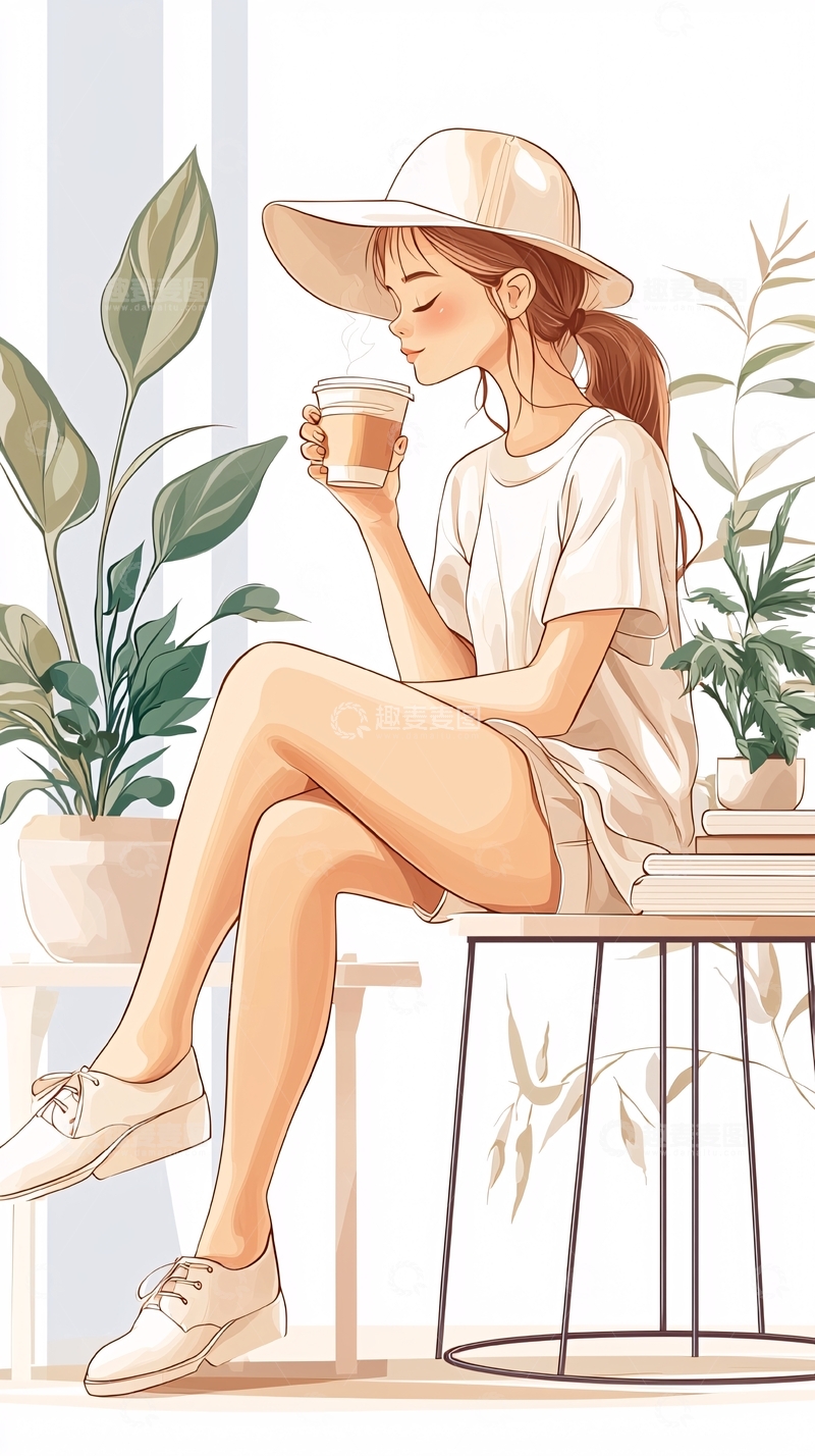 高清大图下载【趣麦麦图】夏日午后喝咖啡的女子