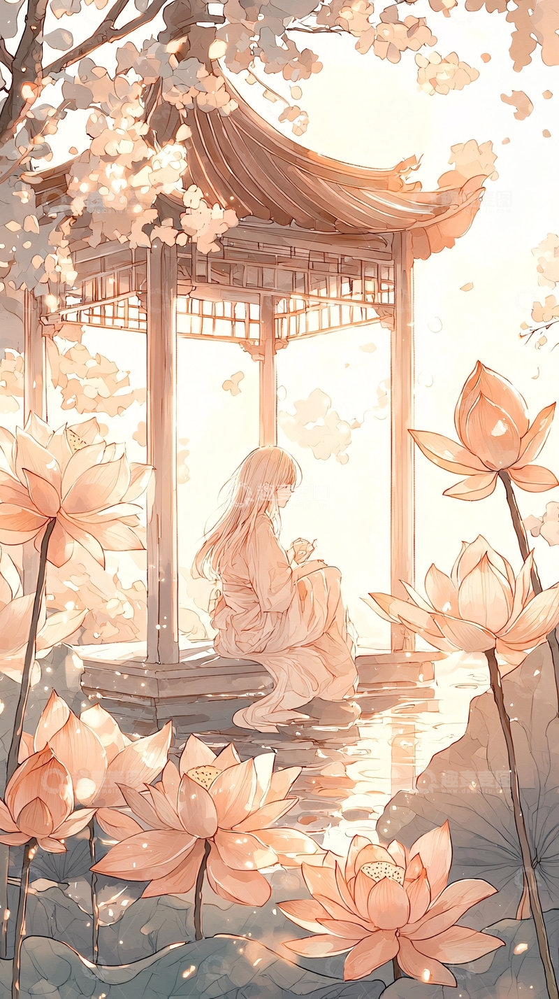 樱花下的女子与莲花