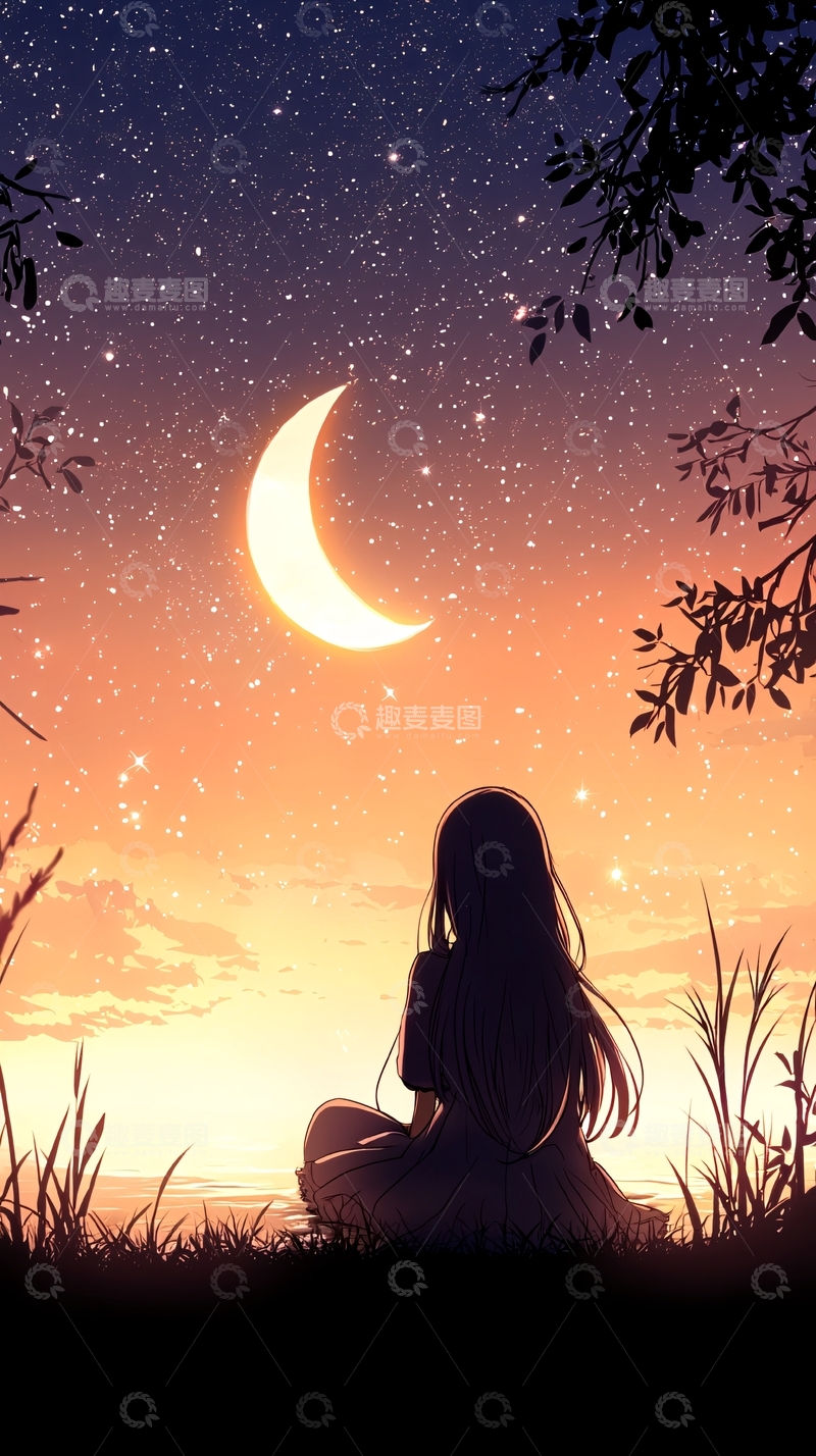 高清大图下载【趣麦麦图】夜空下的少女剪影