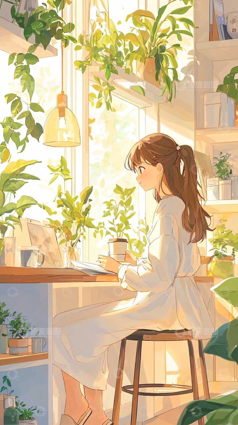 高清大图下载【趣麦麦图】阳光明媚的室内植物工作场景
