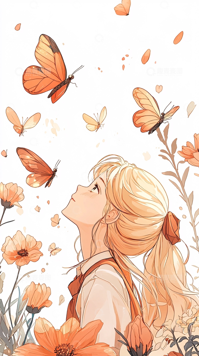 高清大图下载【趣麦麦图】秋日蝴蝶与少女