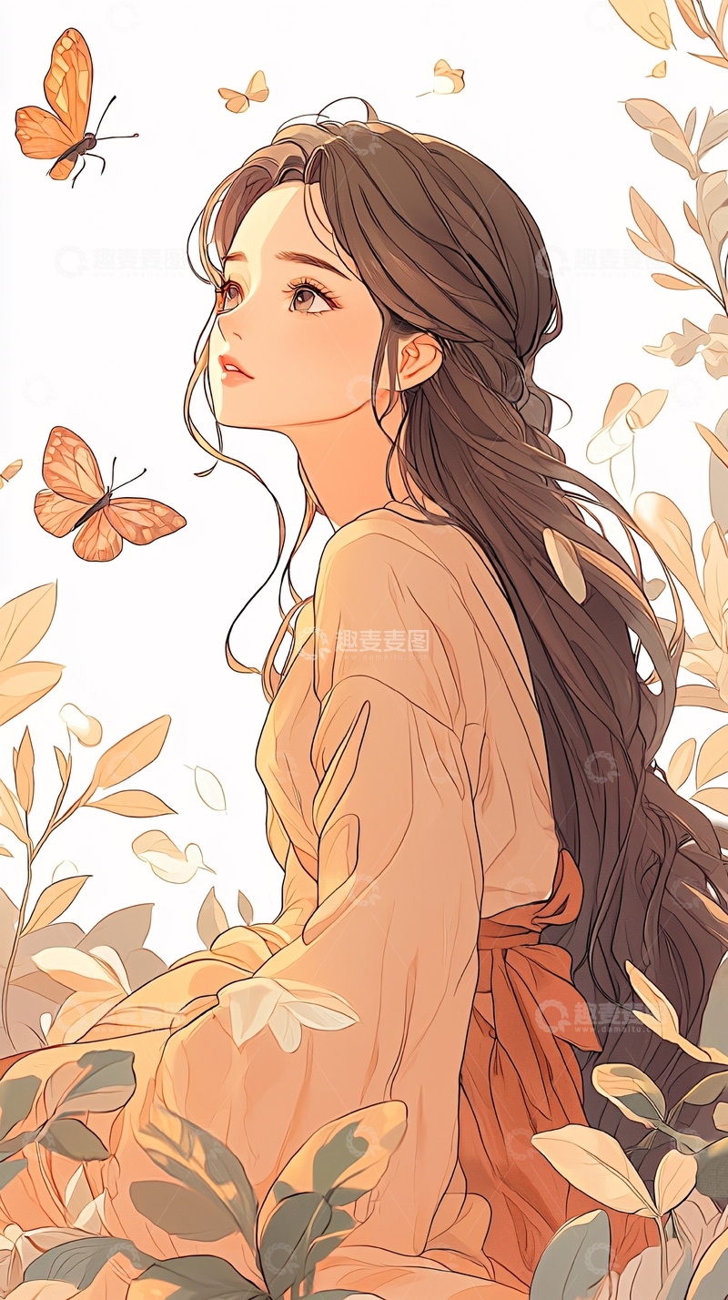 高清大图下载【趣麦麦图】秋日蝴蝶与少女