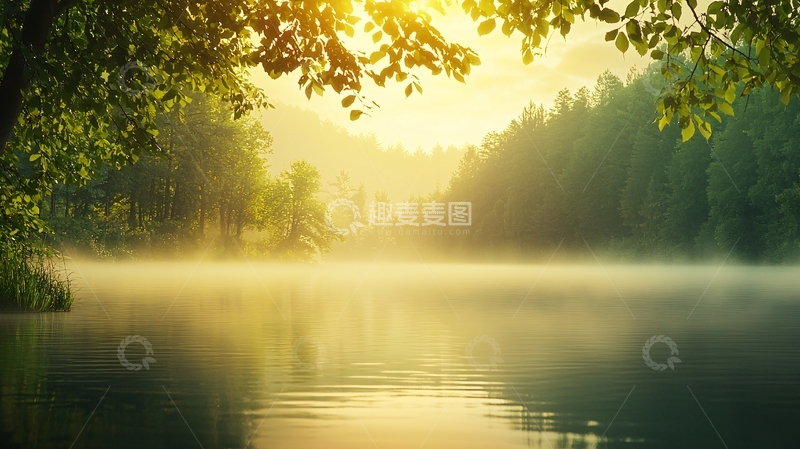 高清大图下载【趣麦麦图】晨雾中的宁静湖景