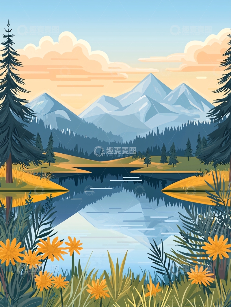 高清大图下载【趣麦麦图】雪山湖畔的宁静自然风光