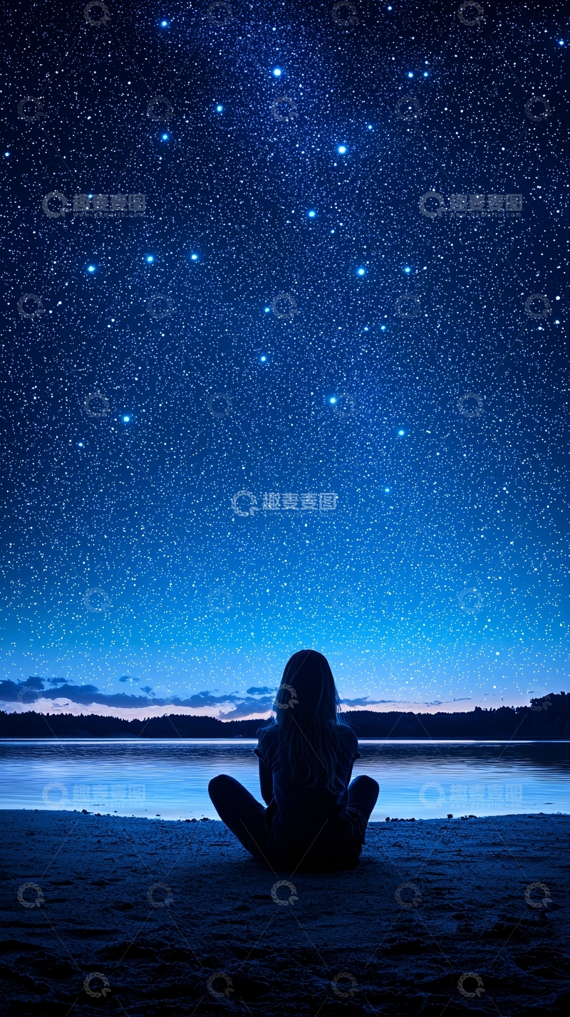 高清大图下载【趣麦麦图】夜晚湖边仰望星空的女孩