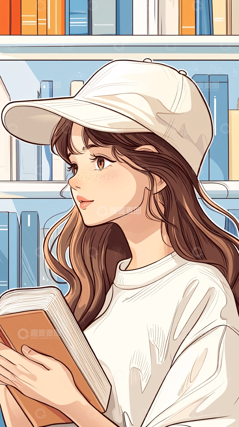 高清大图下载【趣麦麦图】戴帽子的女孩在图书馆看书