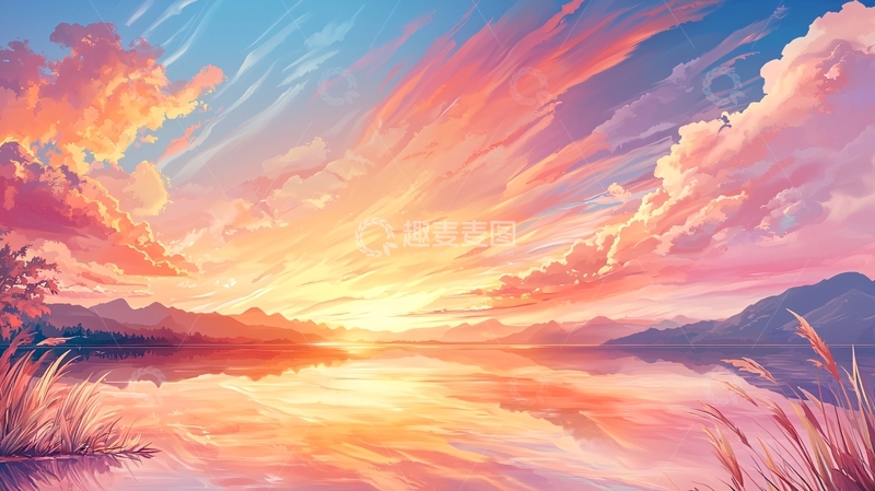 高清大图下载【趣麦麦图】日落湖畔宁静美景