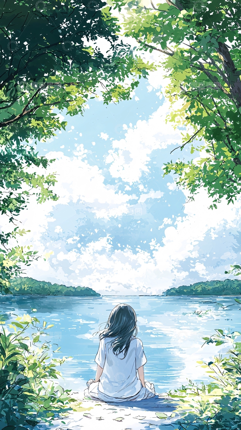 高清大图下载【趣麦麦图】湖边静坐的女孩