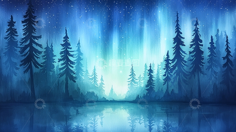 高清大图下载【趣麦麦图】冬夜森林湖畔