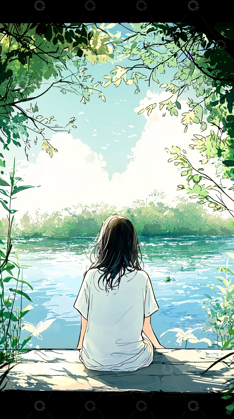 高清大图下载【趣麦麦图】湖边静坐的女孩