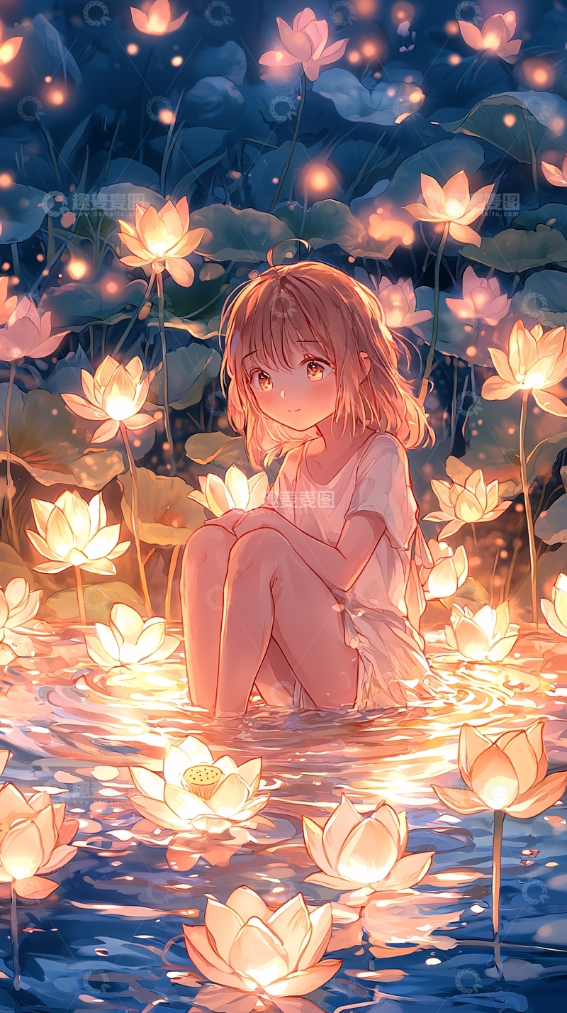 高清大图下载【趣麦麦图】荷塘月色下的少女