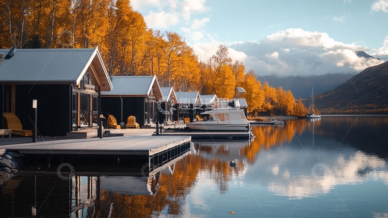 高清大图下载【趣麦麦图】秋日湖畔木屋与游艇