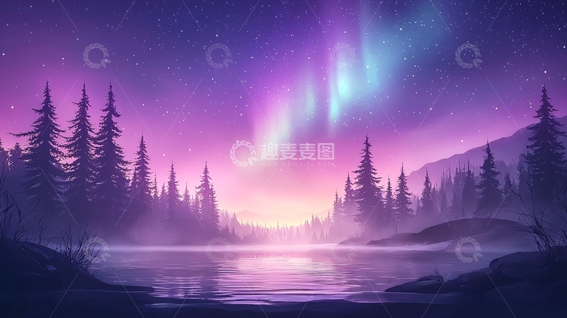 高清大图下载【趣麦麦图】极光下的静谧森林