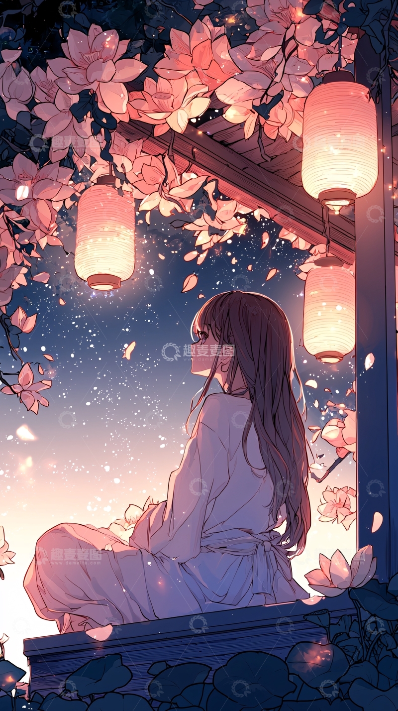 高清大图下载【趣麦麦图】樱花夜景下的女孩