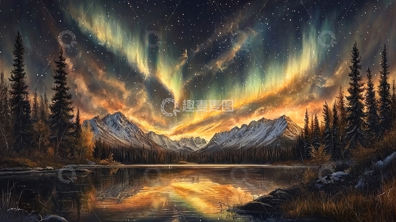 高清大图下载【趣麦麦图】极光下的雪山湖泊夜景