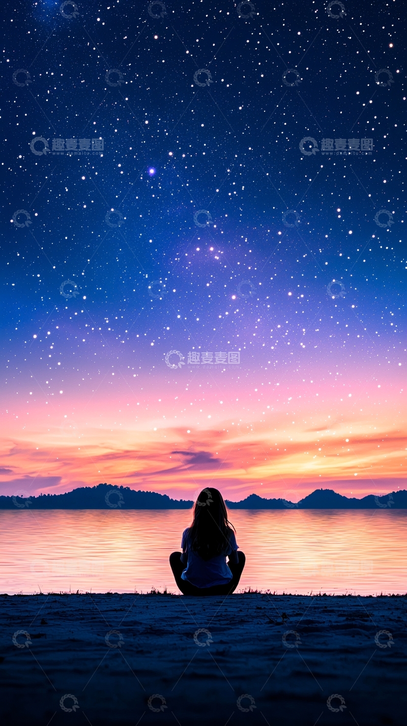 高清大图下载【趣麦麦图】静谧星空下的湖边冥想