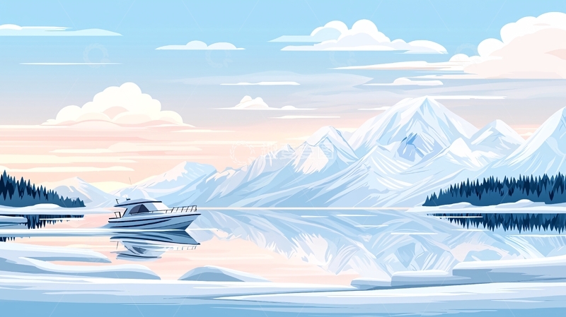 高清大图下载【趣麦麦图】雪山湖畔游艇风景图