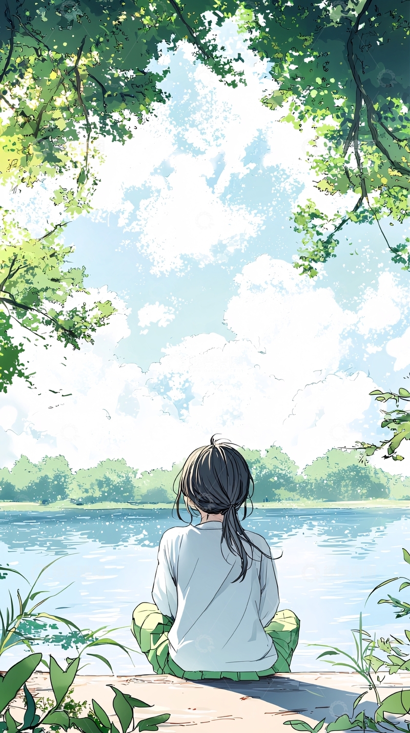 高清大图下载【趣麦麦图】湖边静坐的女孩