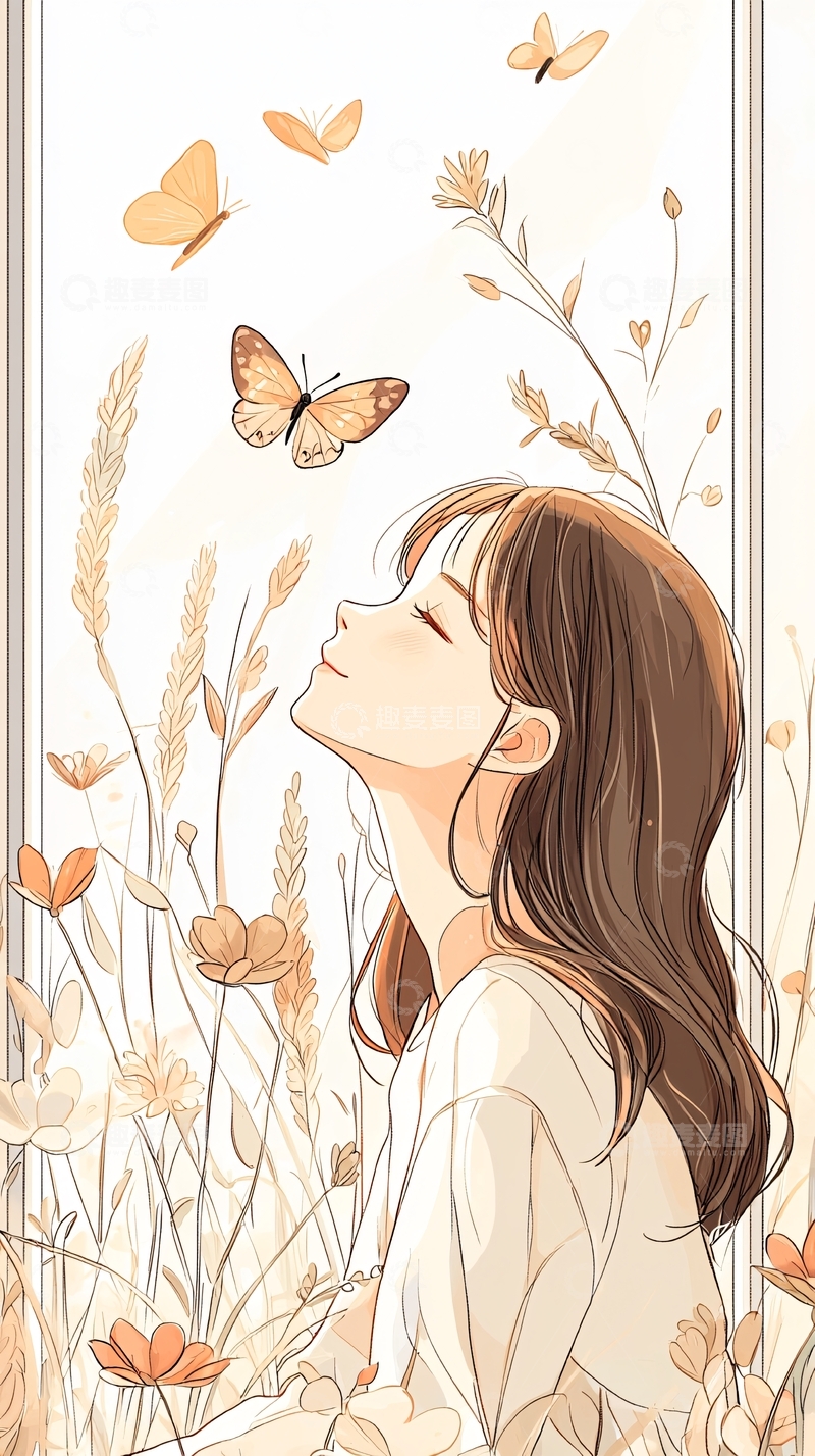 高清大图下载【趣麦麦图】秋日花海中的蝴蝶与少女
