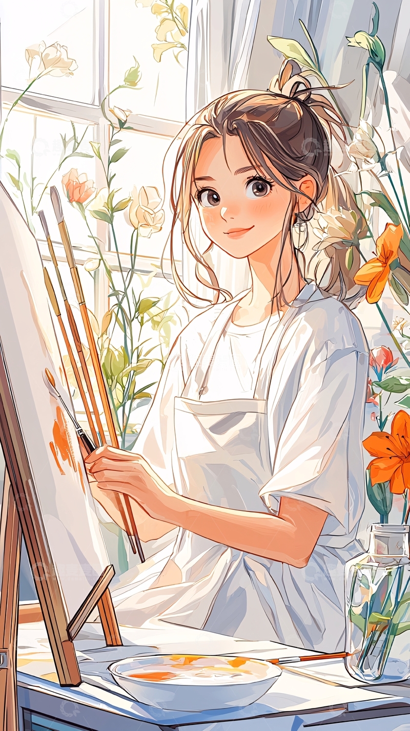 高清大图下载【趣麦麦图】阳光下的画家与花