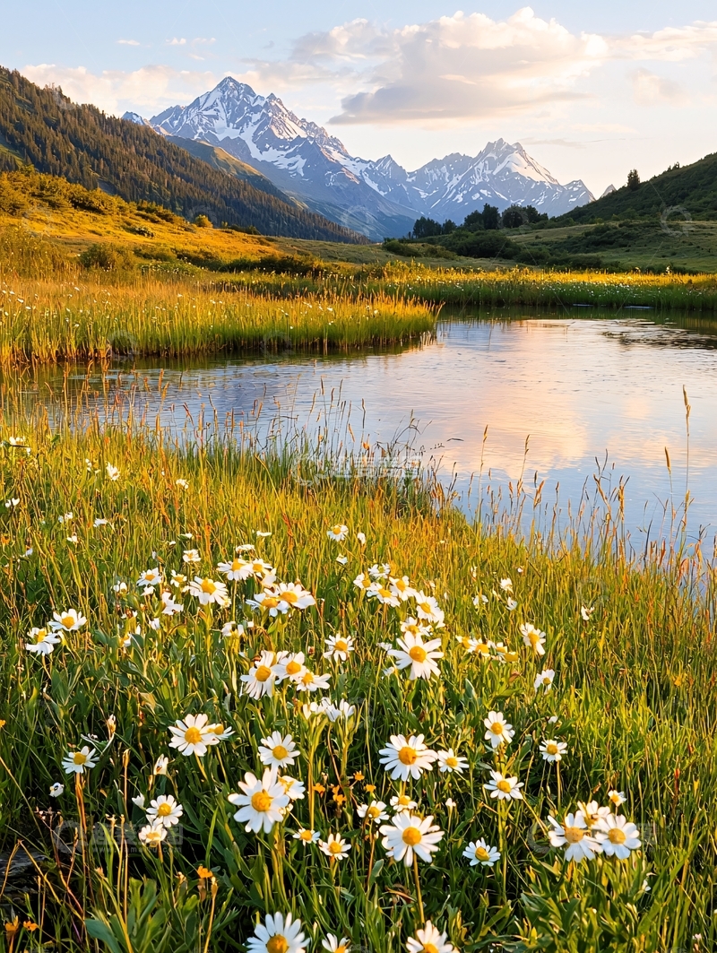 高清大图下载【趣麦麦图】雪山湖畔野花盛开
