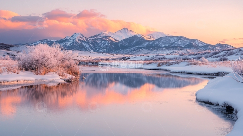 高清大图下载【趣麦麦图】冬日雪山倒影宁静河流
