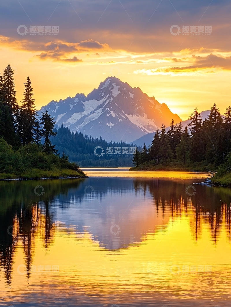 高清大图下载【趣麦麦图】夕阳下的雪山倒影湖景