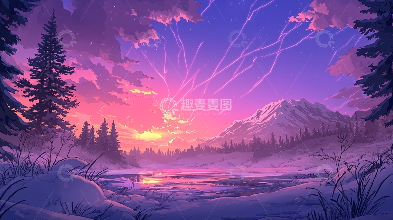 高清大图下载【趣麦麦图】梦幻紫色夜景雪山湖泊