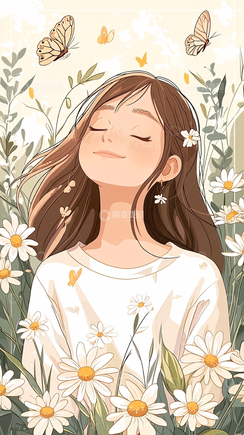 高清大图下载【趣麦麦图】花海中的女孩与蝴蝶