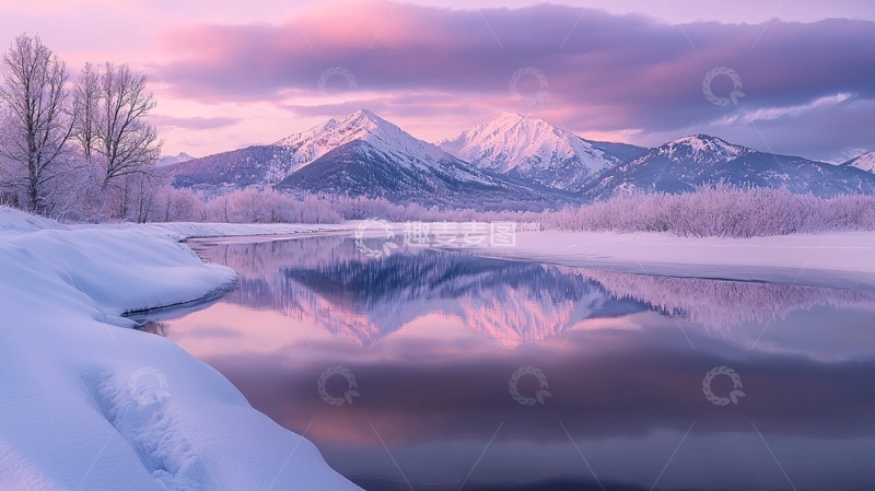 高清大图下载【趣麦麦图】冬日雪山倒影宁静湖面