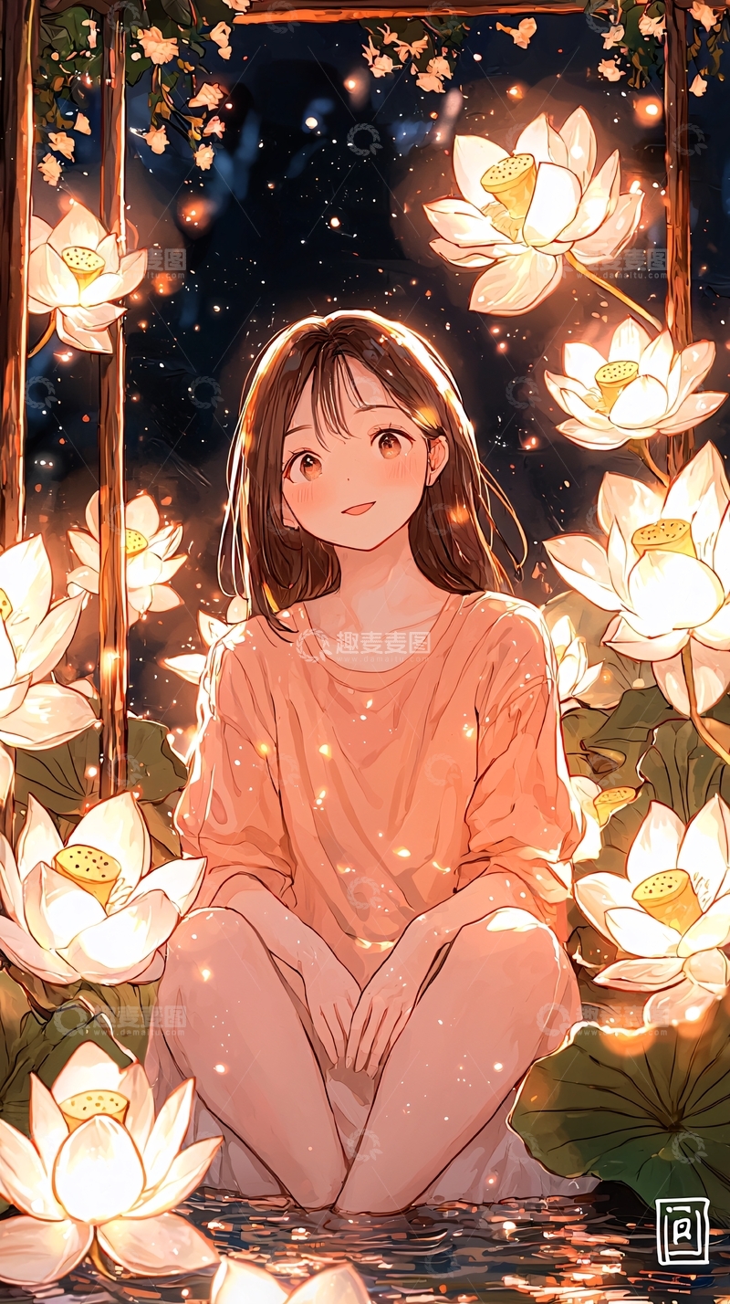 高清大图下载【趣麦麦图】夜晚莲花下的少女