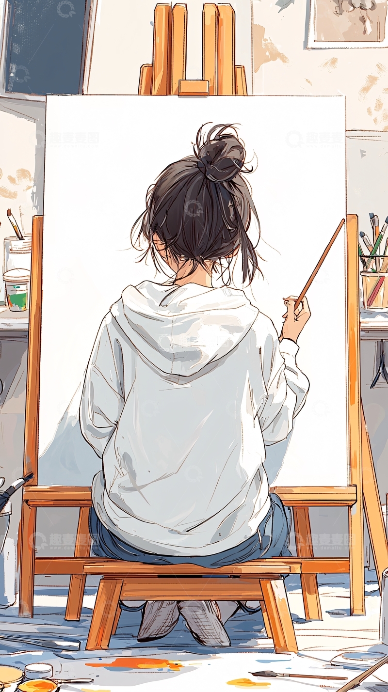 高清大图下载【趣麦麦图】专注绘画的女孩