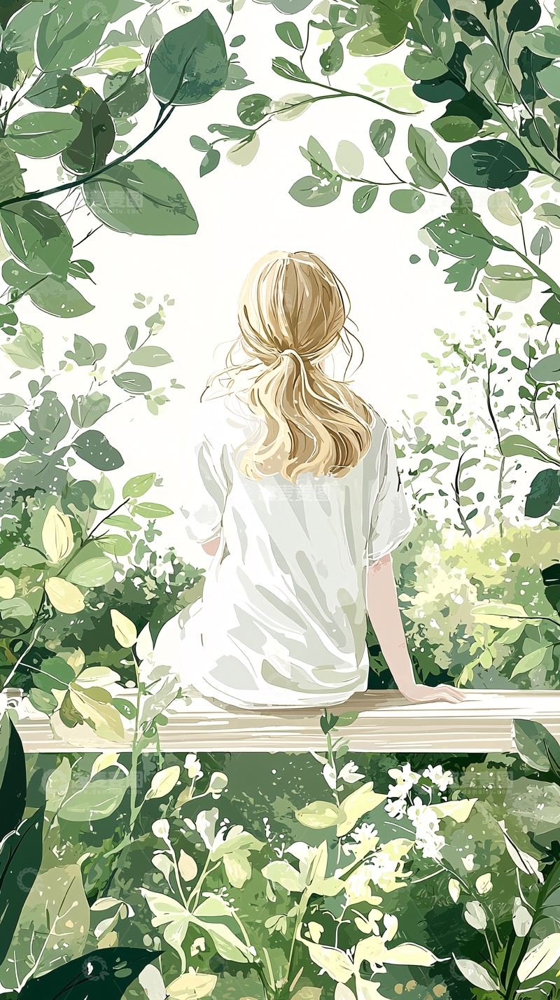 高清大图下载【趣麦麦图】绿意盎然的花园中坐着的女子
