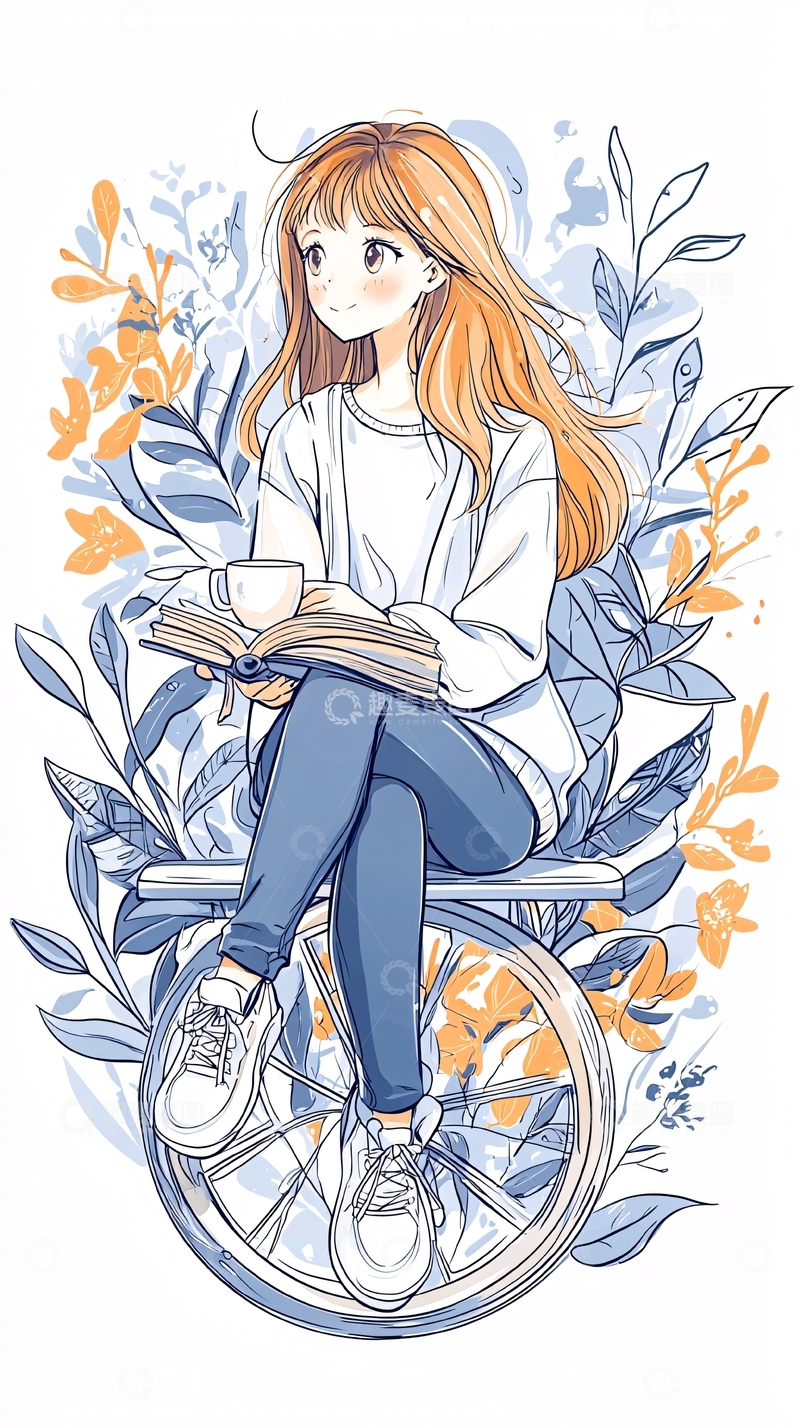 高清大图下载【趣麦麦图】秋日阅读自行车上的女孩