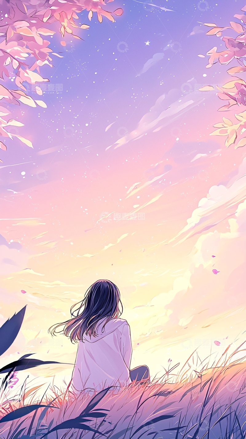 高清大图下载【趣麦麦图】夕阳下的女孩与樱花