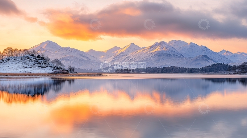 高清大图下载【趣麦麦图】雪山倒影湖畔日落美景